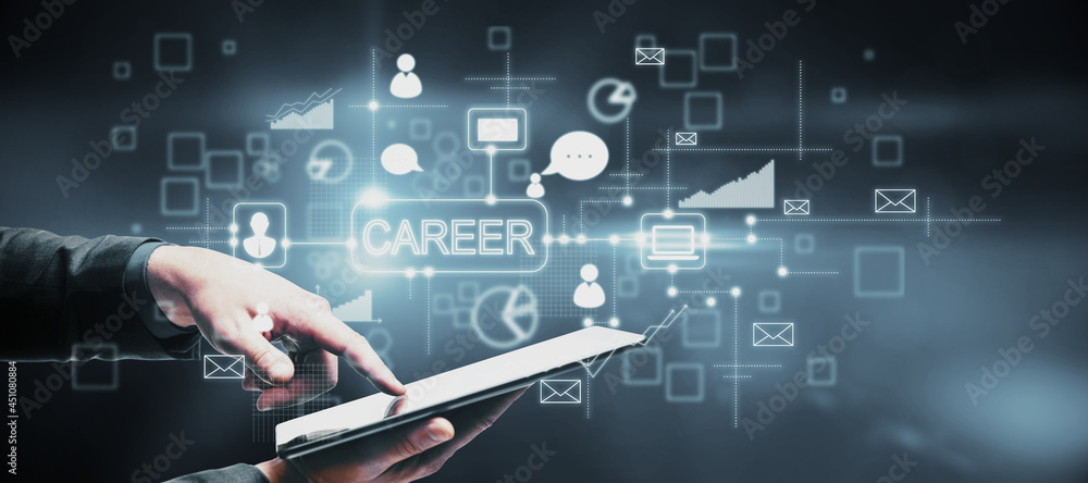Poster hand using tablet with creative business sketch with charts and graphs on blue background. career, s