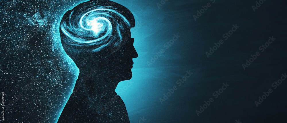 Poster Abstract dark man head space outline with empty mock up place. Brainstorm and layout concept.