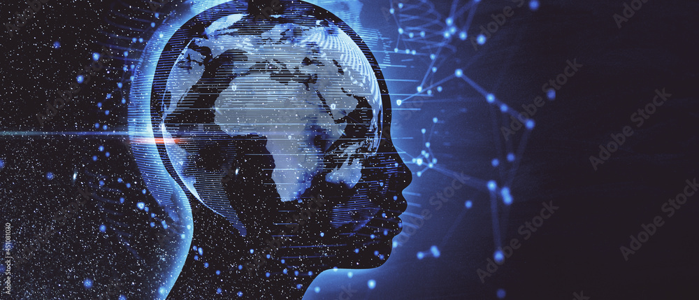 Poster Abstract dark head space outline with globe and polygonal connections hologram. Brainstorm and global ai concept. 3D Rendering.