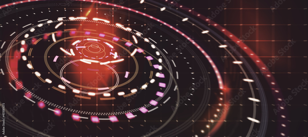 Poster glowing round digital red interface on dark grid wallpaper. hud, innovation, digital transformation 