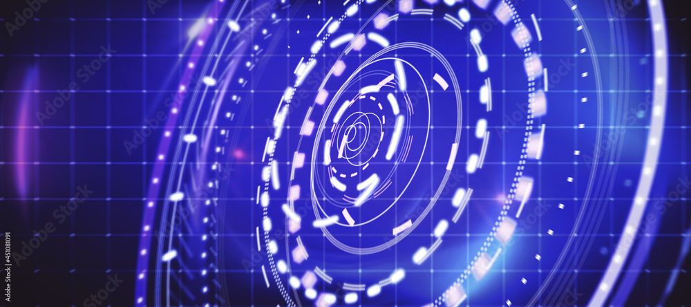 Poster Abstract round digital blue interface on dark grid background. HUD, innovation, digital transformation and data concept. 3D Rendernig.