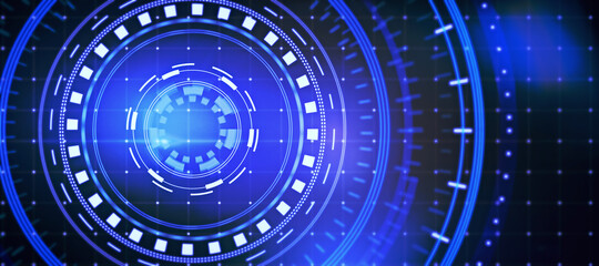 Glowing round digital blue interface on dark grid backdrop. HUD, innovation, digital transformation and data concept. 3D Rendernig.