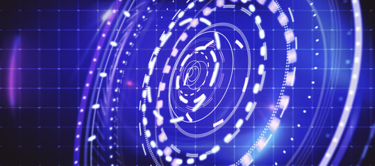 Abstract round digital blue interface on dark grid background. HUD, innovation, digital transformation and data concept. 3D Rendernig.