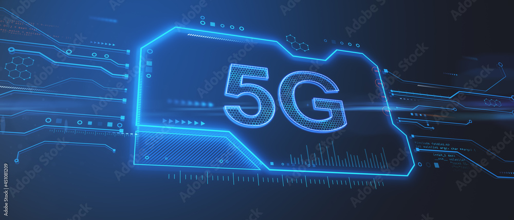 Poster creative 5g chip hologram on blue background. internet speed and communication concept. 3d rendering