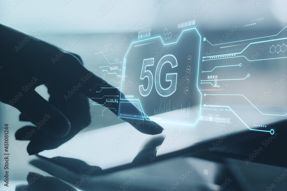 Poster Hand using tablet with abstract 5G hologram. Communication and speed concept. Double exposure.