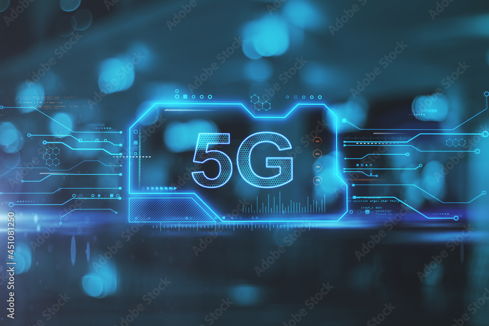 Poster Abstract 5G chip hologram on blue background. Internet speed and communication concept. 3D Rendering.