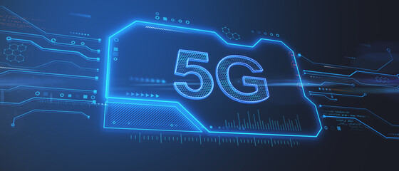Creative 5G chip hologram on blue background. Internet speed and communication concept. 3D Rendering.