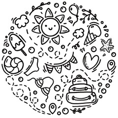 Summer doodle icons collected into round composition . Summer time. Sun, ice cream, luggage, bubbles