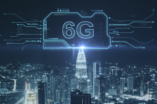 Creative glowing 6G chip hologram on blurry night city background. Wireless information and future concept. Double exposure.