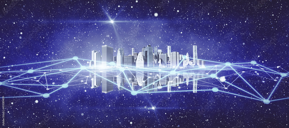 Aufkleber creative city skyline with reflections and polygonal network. communication and urban digital transf