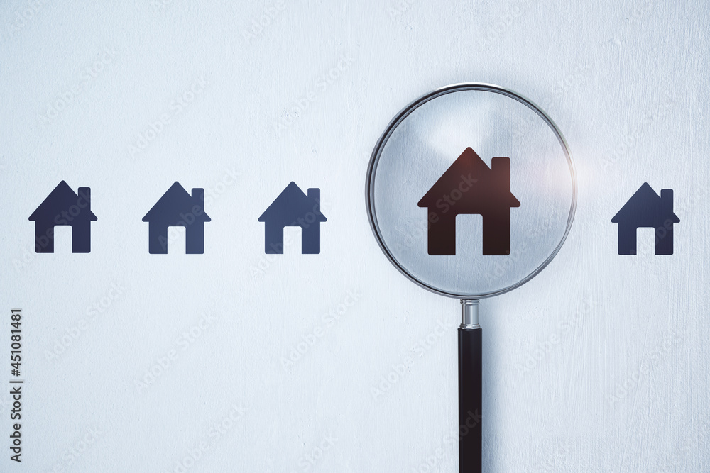 Poster Magnifier zooming in on house icon on white background. Home and property search concept. 3D Rendering.