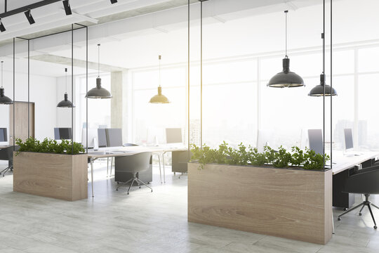 Modern coworking office interior with plants in decorative wooden planters, window with city view, furniture, equipment and daylight. 3D Rendering.