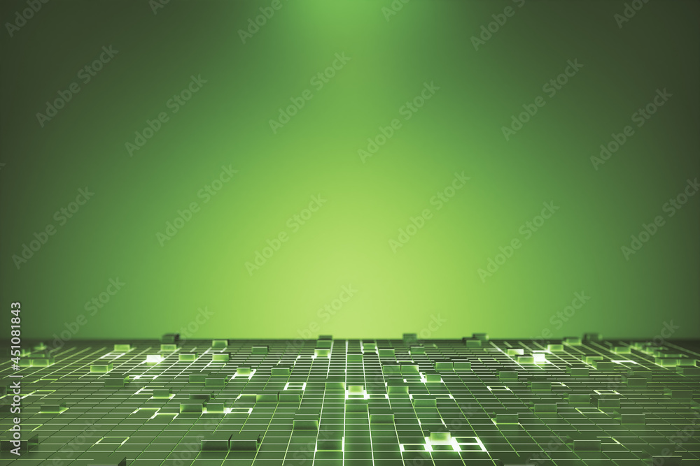 Poster Creative digital green chip background with mock up place for your advertisement. Landing page concept. 3D Rendering.