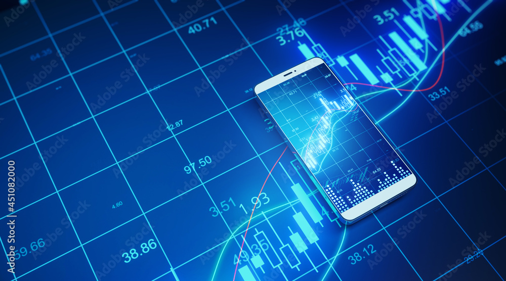 Poster close up of smart phone with creative forex chart on blue background. trade, finance, technology and