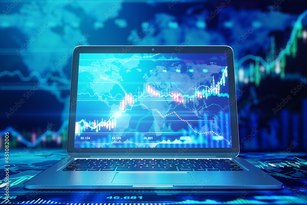 Poster close up of laptop computer with creative forex chart. trade, growth, technology and communication c