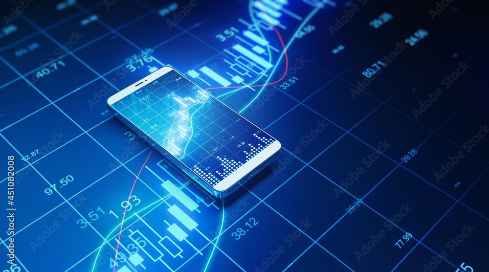 Poster close up of smartphone with creative forex chart on blue background. trade, finance, technology and 