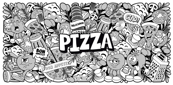 black and white doodle background for a pizzeria theme