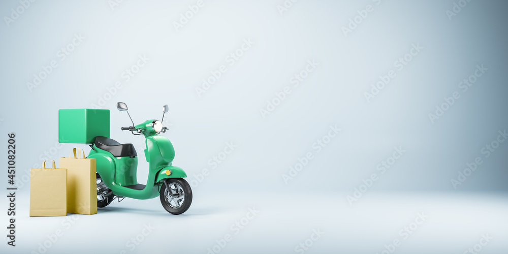 Poster abstract scooter and paper shopping bags on light background with mockup place. delivery service and