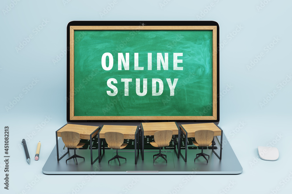 Poster abstract laptop chalkboard screen classrom on light background. online education, seminar, workshop 