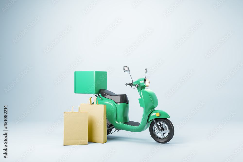 Poster abstract scooter and paper shopping bags on light background. delivery service and transportation co