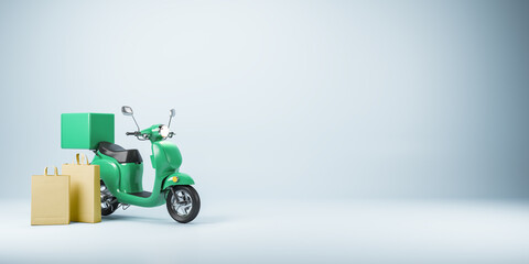 Abstract scooter and paper shopping bags on light background with mockup place. Delivery service and transportation concept. 3D Rendering.