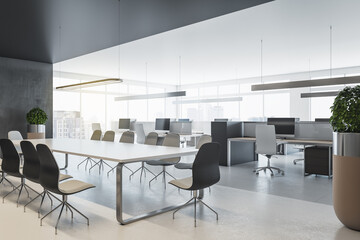 Modern coworking meeting room interior with daylight, furniture and equipment. Design concept. 3D Rendering.