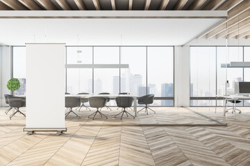 Modern wooden coworking meeting room interior with empty, poster, city, view, daylight, furniture and equipment. Design concept. Mock up, 3D Rendering.