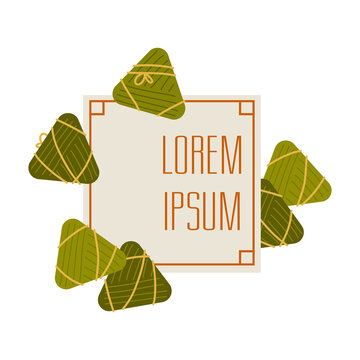 Chinese rice dumplings zongzi wrapped in bamboo leaves. Frame for text. Taiwanese traditional holiday food. Zongzi Asian food. Flat vector illustration isolated on white background. Duanwu holiday.