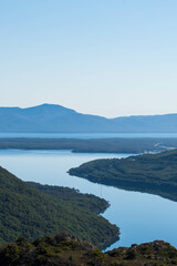 Lapataia bay landscape, Tierra del Fuego. Landscape of the Atlantic Ocean in Ushuaia, Argentina  landmark.