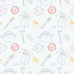 Kitchen funny tools in vector seamless pattern. Cooking elements. Vector background.