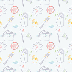 Kitchen funny tools in vector seamless pattern. Cooking elements. Vector background.