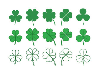 Set of four and three leaf clovers. Clover leaves collection.