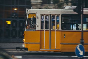 Tram on Liberty Bridge in Budapest, Hungary - 451083074