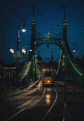 Tram on Liberty Bridge in Budapest, Hungary - 451083096