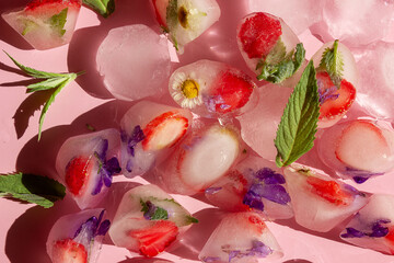 Edible flowers, strawberry and mint in the form of ice cubes on a pink background