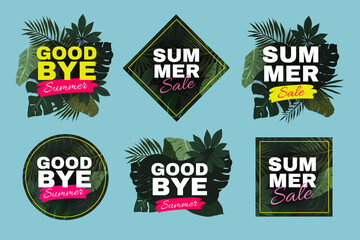 Summer sale advertising banners, promotion flyer or poster with tropic leaves and typography, discount labels with foliage, marketing offer poster, collection of vector templates