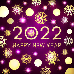 Fototapeta na wymiar Happy New Year 2022 greeting card design on dark purple background. Gold texture glowing Christmas circle balls snowflakes stars. Golden New Year celebration banner. Holiday party vector illustration.