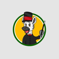 Zebra Head Circle Label With Stick and Magician Custom , Yellow Colors Background, Mascot, Icon, Character or Logo, Vector and Illustration.