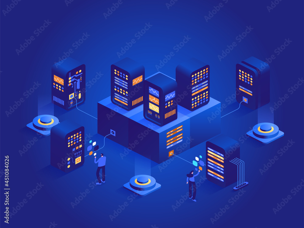 Poster server room racks isometric concept. engineering team works at hardware cloud database room, mainten