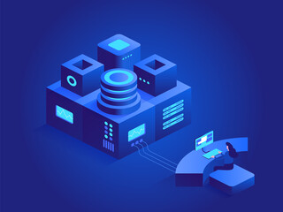 Fototapeta premium Business and startup isometric concept. Woman works in workplace, manages processes and systems inside project. Database analysis, online computing. Vector character illustration in isometry design