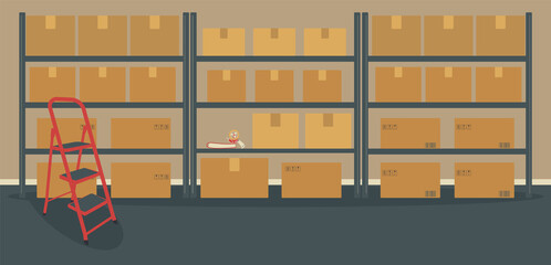 Warehouse or storeroom: racks with cardboard boxes and ladder.Cargo in packages, tape dispenser and folders on shelf, staircase.Place of work for storekeeper or warehouseman.Vector illustration