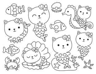 Set of cute cat mermaid and fishes, starfish, crab, shell outline coloring vector illustration with live stroke.