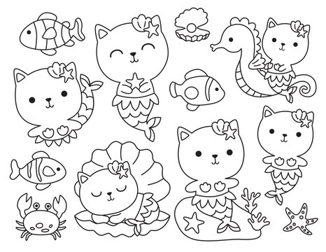 Set Of Cute Cat Mermaid And Fishes, Starfish, Crab, Shell Outline Coloring Vector Illustration With Live Stroke.