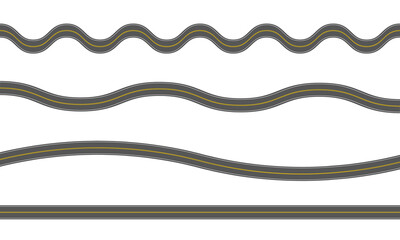 Empty straight and winding asphalt roads with marking. Set of seamless highway templates. Elements of street roadway isolated on white background. Top view. Vector flat illustration.