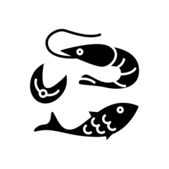 Seafood glyph icon. Shrimp, fish and fish steak Taiwanese food. Oriental custom. Isolated vector stock illustration