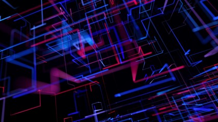 3d rendering sci-fi bg like abstract hologram. Multicolor neon glow lines form digital 3d space. Connection concept, visualization of multiple calculations of various branches neural network or AI