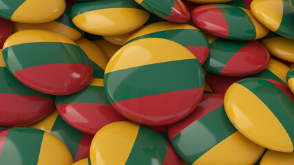 3d rendering of a lot of badges with the Lithuanian flag in a close up view