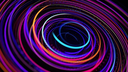 3d render. Light flow form ring structure. Light effect as abstract background with light trails, stream of multicolor neon lines in space form rings. Modern trendy motion design background.