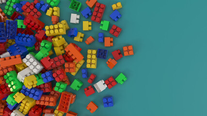 3d rendering of a bunch of colorful Toy plastic bricks for children over green background