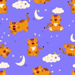 Seamless pattern for children. A sleepy tiger cub wants to sleep. A dreamy animal against the background of clouds, stars and the moon. Print for textiles, baby decor, Vector graphics.